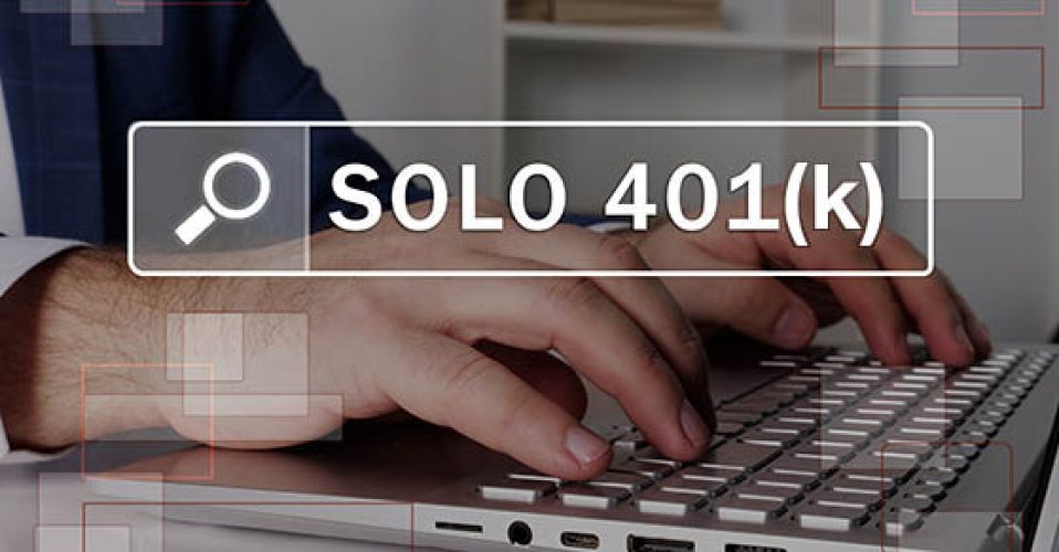 SOLO 401K text in search bar. Businessman looking for something at laptop. SOLO 401K concept.